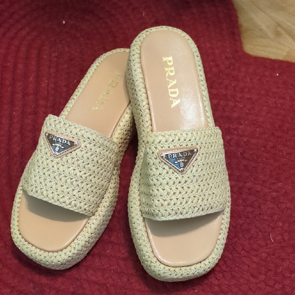 Prada Women's Tan Woven Slip-On Mules